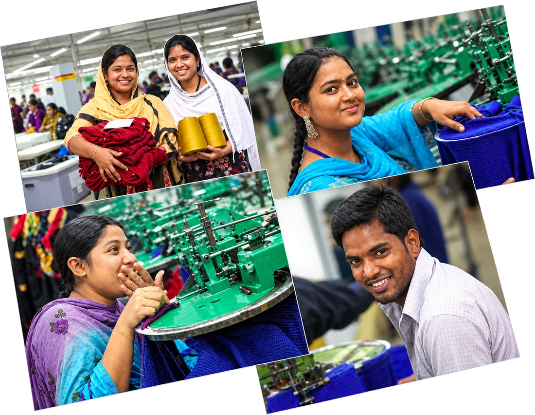 Sonia & Sweaters team members smiling at work on the factory floor